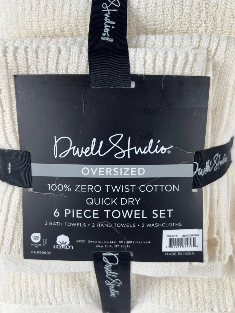 Dwell Studio Bath Towel Set 6 PC Cream Quick Dry 100% Zero Twist Cotton NEW